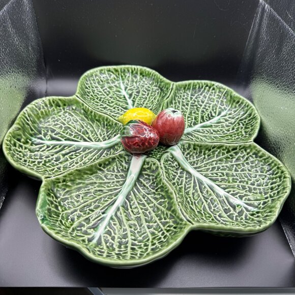 Vintage Majolica Cabbage Leaf Serving Plate With Fruit Accents 12 inch - Picture 1 of 8